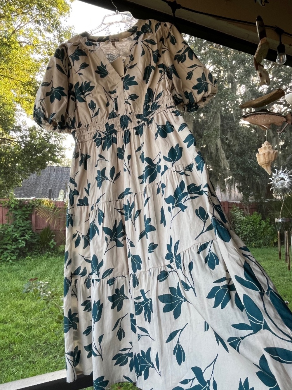 Harlow & Rose Green Floral Leaf Print Puff Sleeve Tiered Midi Dress Womens  L